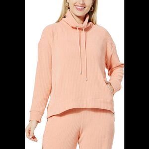 WynneLayers Women's Plush Ottoman Drawstring MockNeck Top Soft Coral - Regular